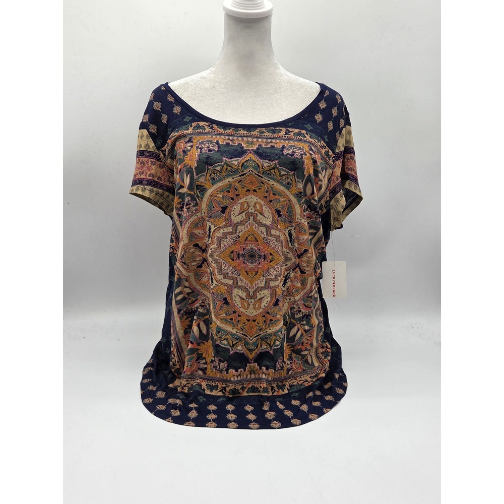 Lucky Brand Women's Large Navy Multicolor Medallion Print Top NWT 101-875